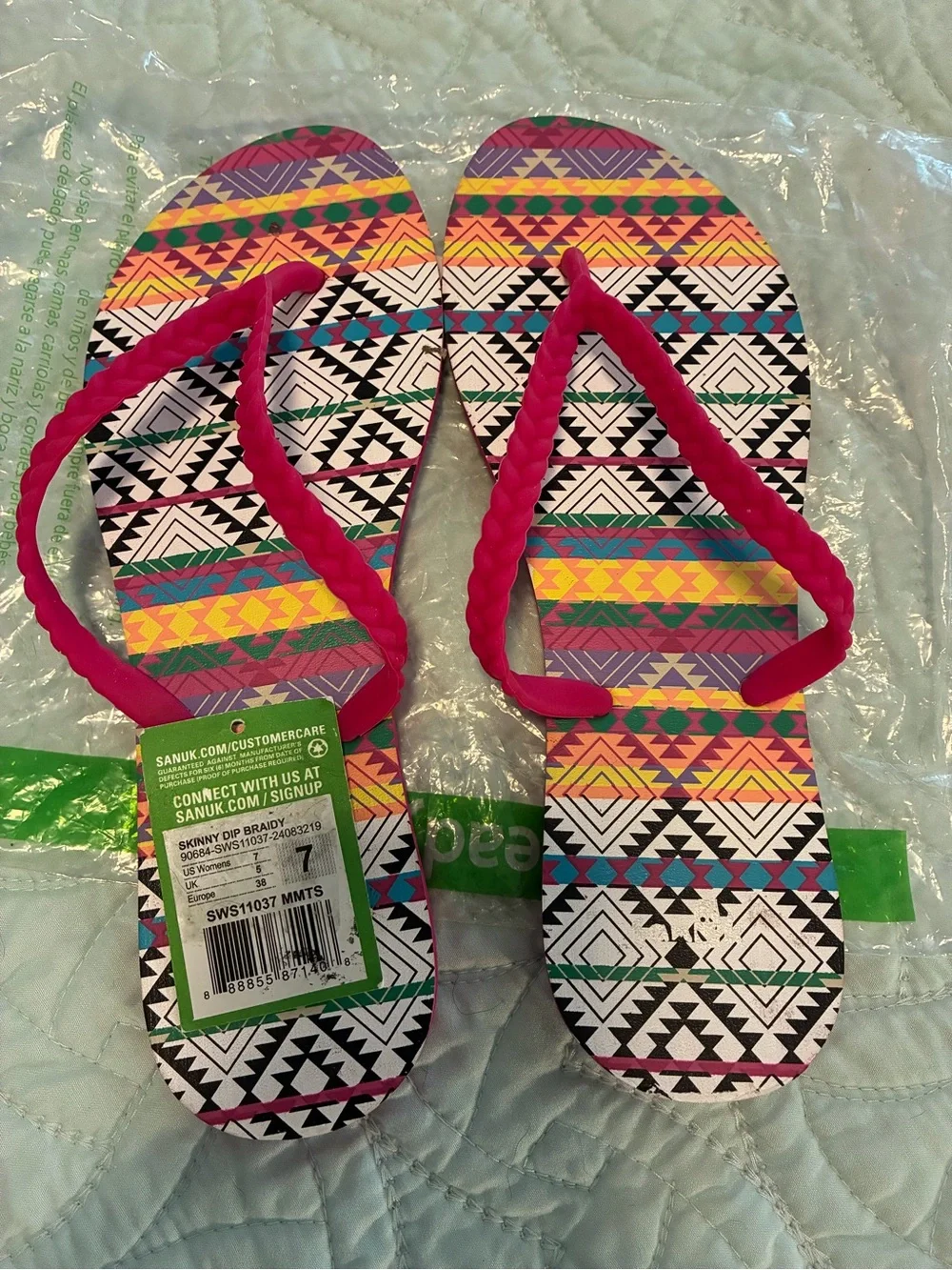 Sanuk Women's Hot Pink Braided-Strap Sandals with Multi-Color Aztec Print
